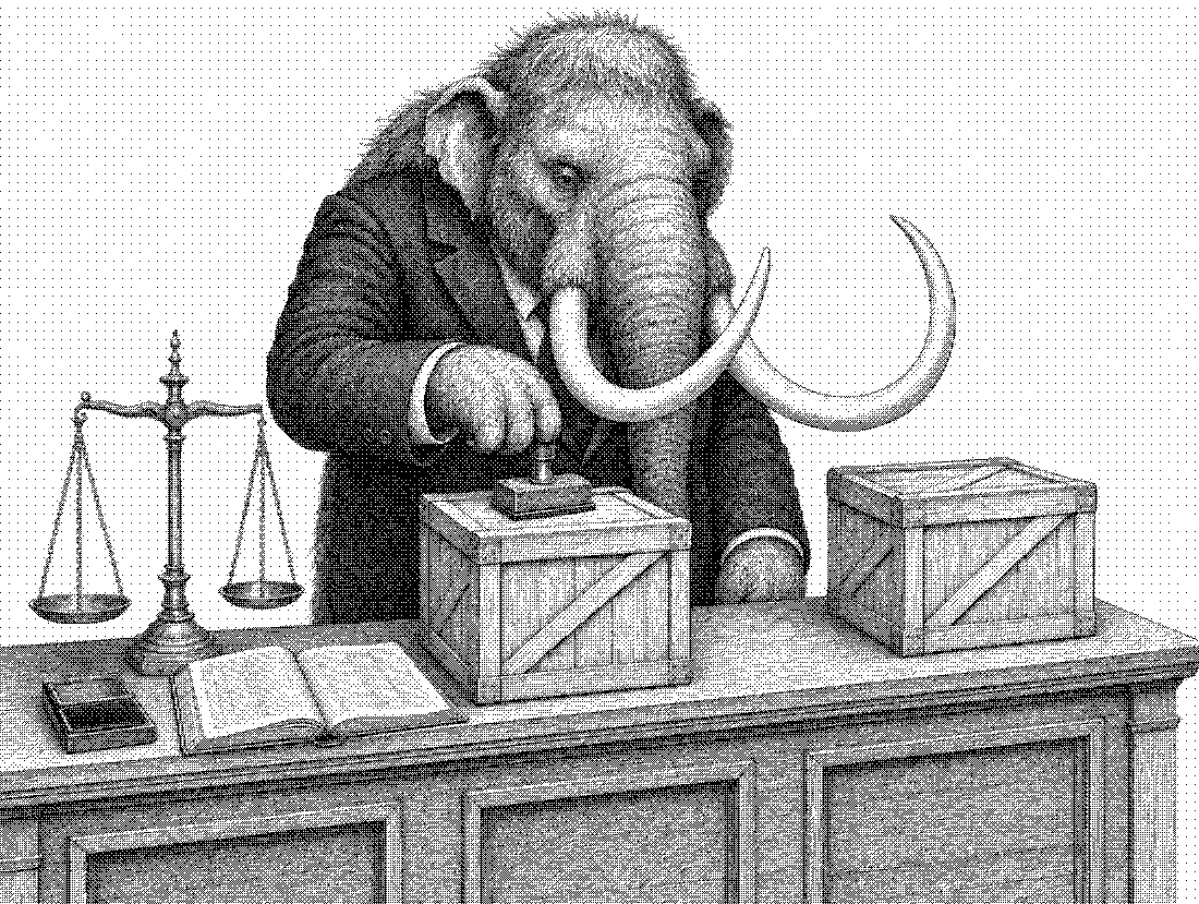 Engraving: a mammoth in a suit at a customs counter stamps a crate