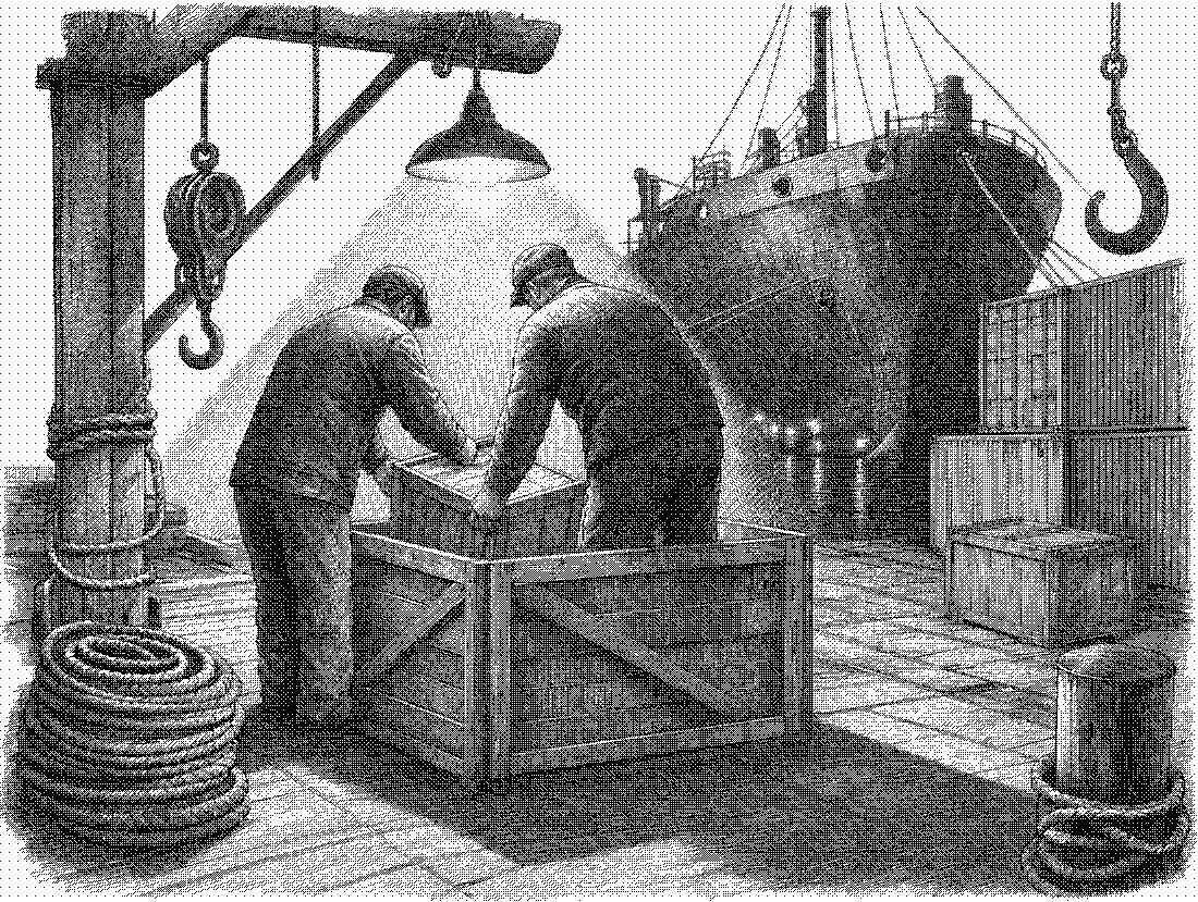 Engraving: two dock workers repack a crate into a larger crate under a lamp