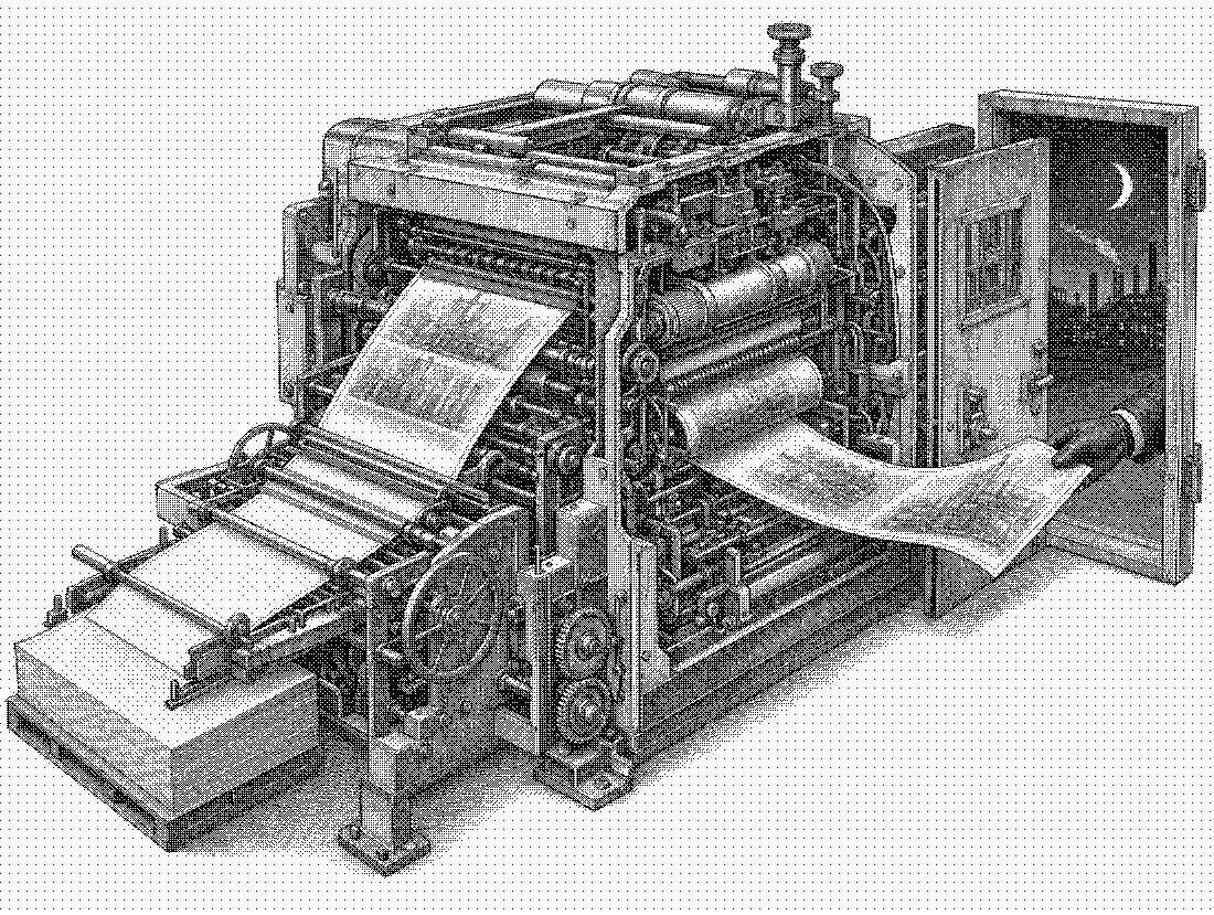 Engraving: a printing press whose back door opens into the night; a hand takes a sheet