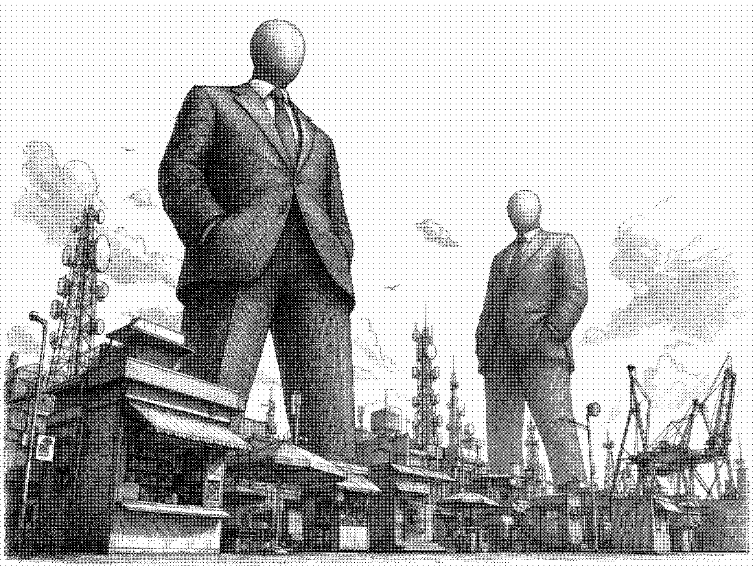 Engraving: two giant suited figures tower over a city of kiosks, masts and cranes